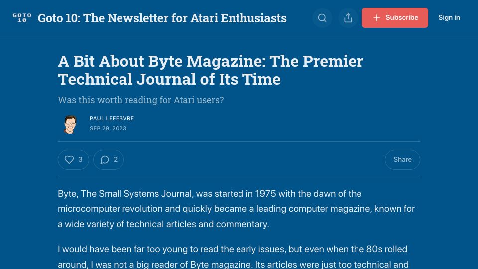 Screenshot of goto10retro.com: A Bit About Byte Magazine