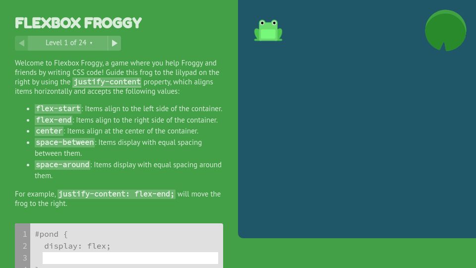 Screenshot of flexboxfroggy.com: Flexbox Froggy