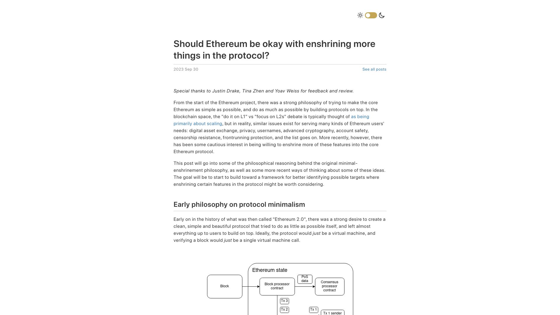 Screenshot of vitalik.eth.limo: Should Ethereum be okay with enshrining more things in the protocol?