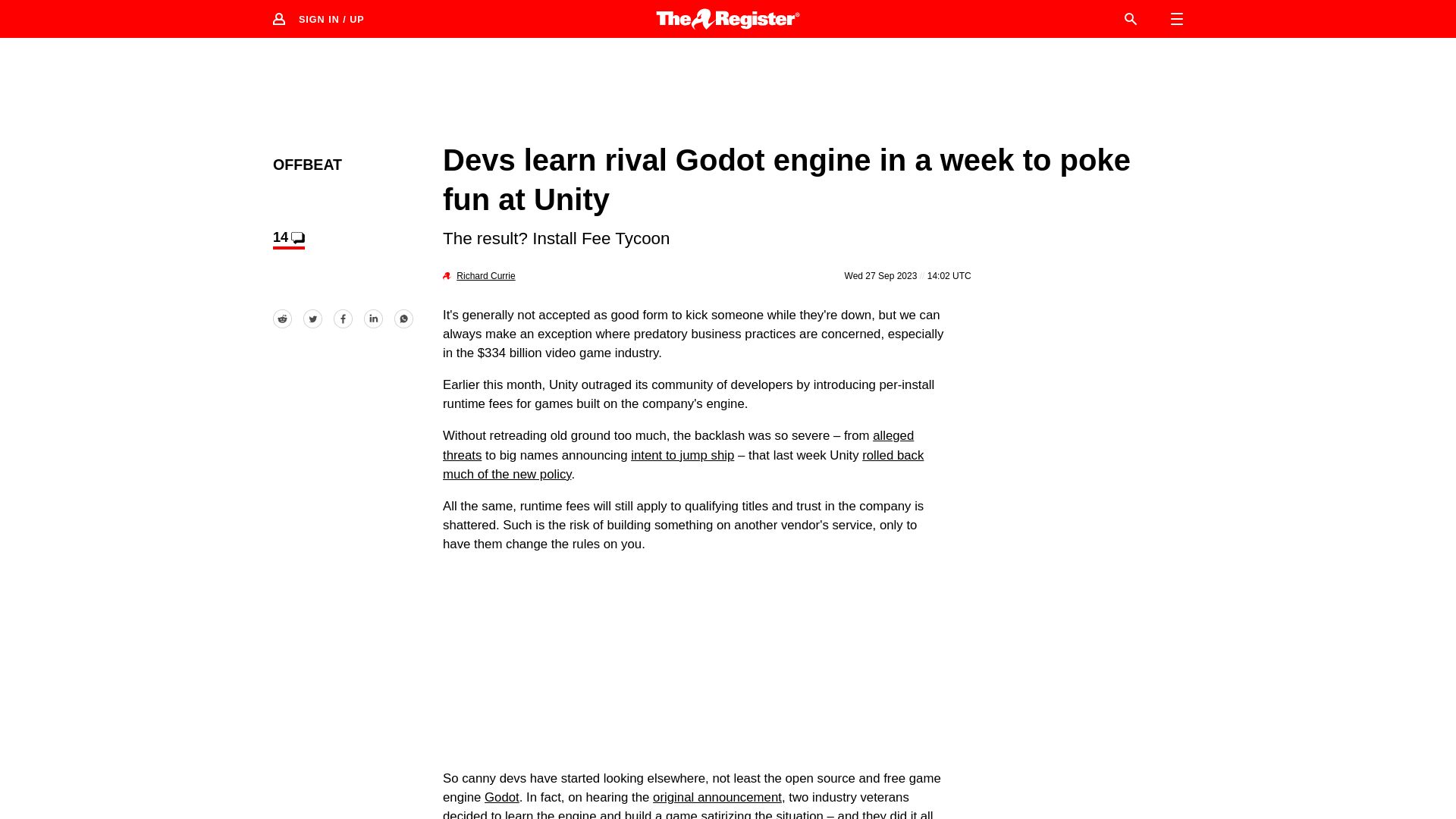 Screenshot of theregister.com: Devs learn rival Godot engine in a week to poke fun at Unity