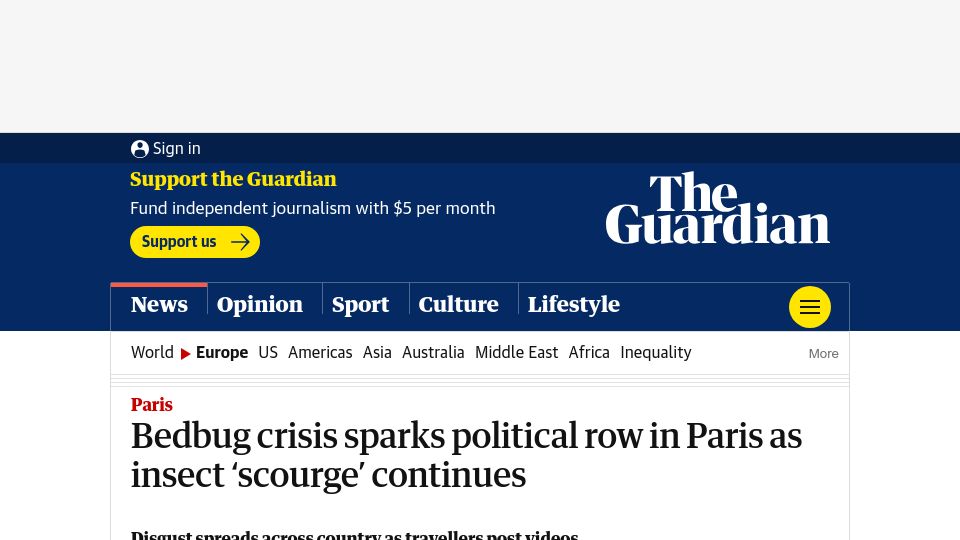 Screenshot of theguardian.com: Bedbug crisis sparks political row in Paris as insect ‘scourge’ continues