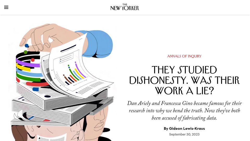 Screenshot of newyorker.com: They studied dishonesty – Was their work a lie?