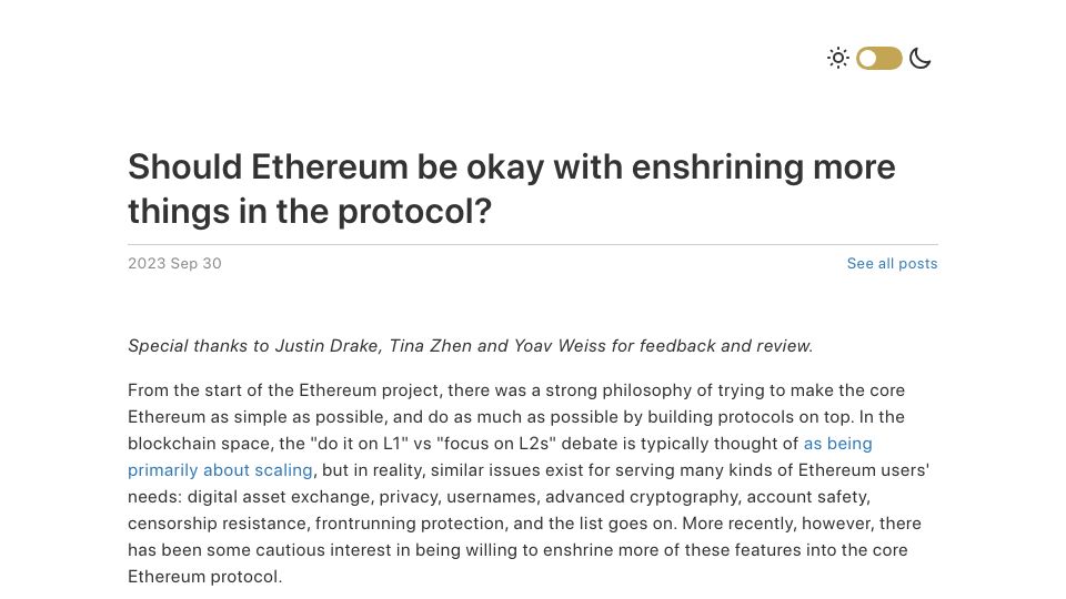 Screenshot of vitalik.eth.limo: Should Ethereum be okay with enshrining more things in the protocol?