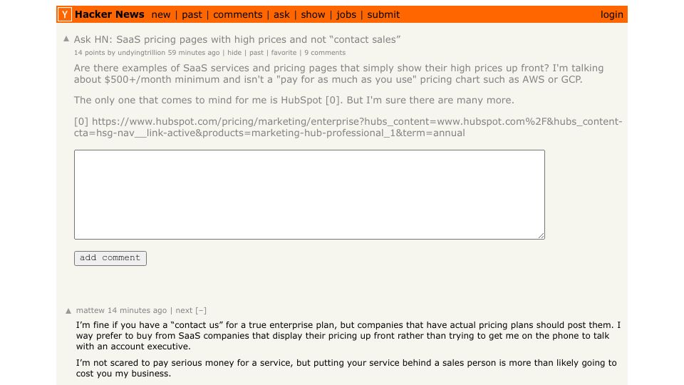 Screenshot of Hacker News post: Ask HN: SaaS pricing pages with high prices and not “contact sales”
