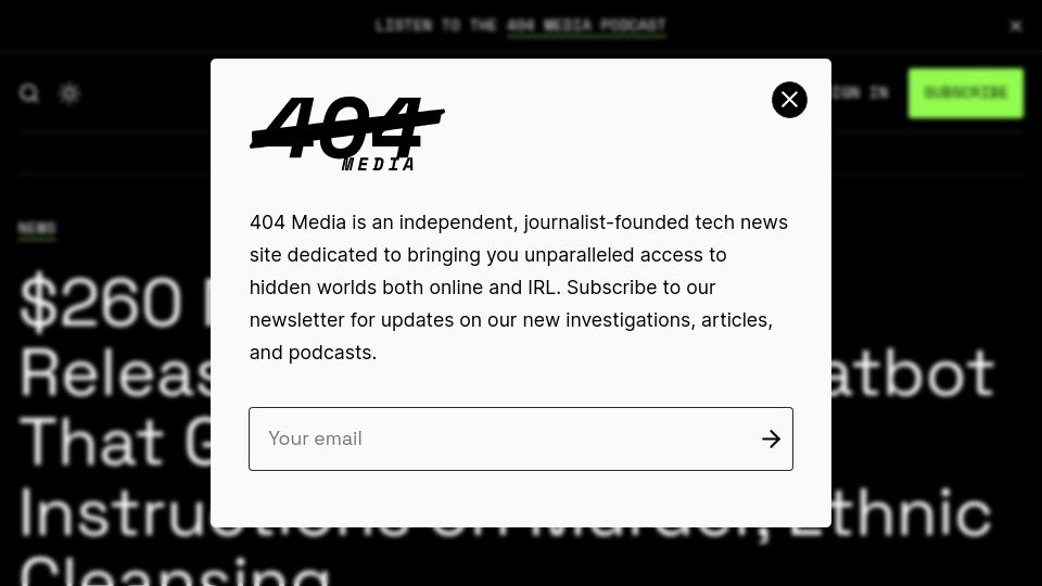 Screenshot of 404media.co: Mistral releases ‘unmoderated’ chatbot via torrent
