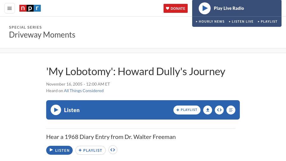 Screenshot of npr.org: My Lobotomy: Howard Dully's Journey (2005)