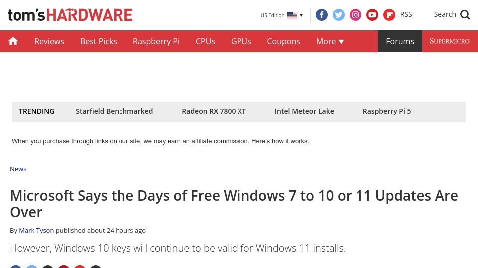 Screenshot of tomshardware.com: Microsoft Says the Days of Free Windows 7 to 10 or 11 Updates Are Over