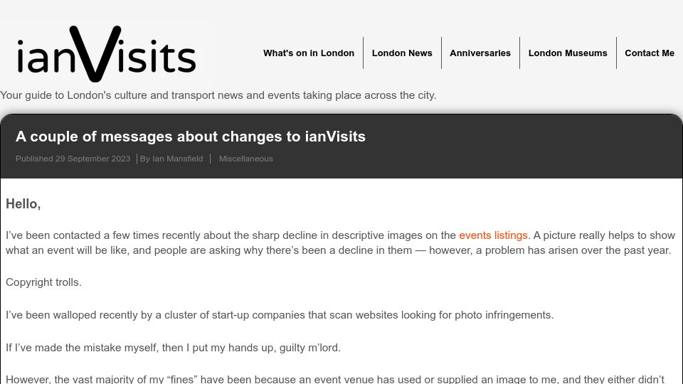 Screenshot of ianvisits.co.uk: A couple of messages about changes to ianVisits