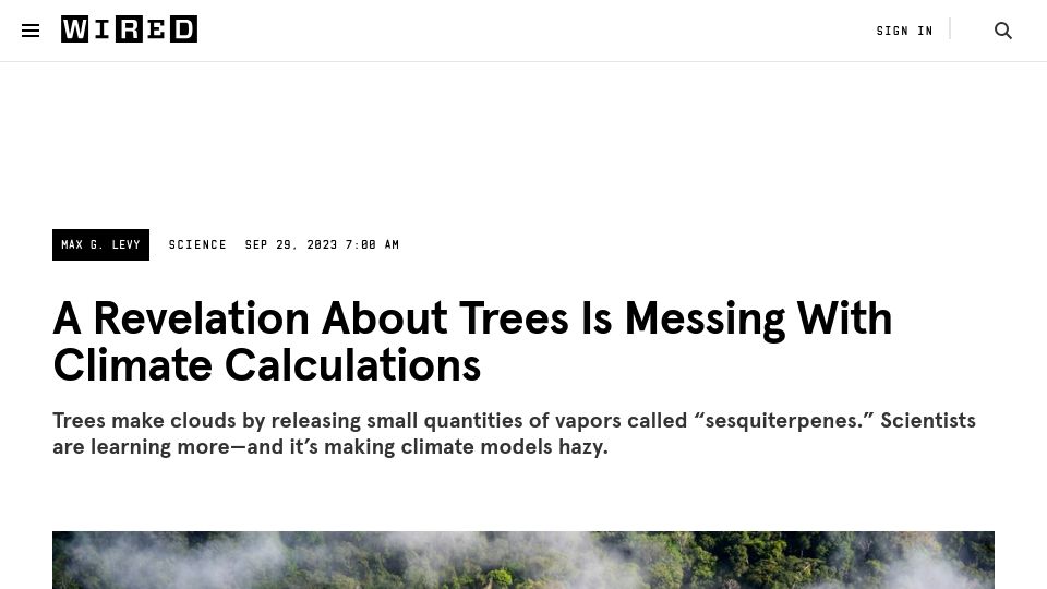 Screenshot of wired.com: A revelation about trees is messing with climate calculations