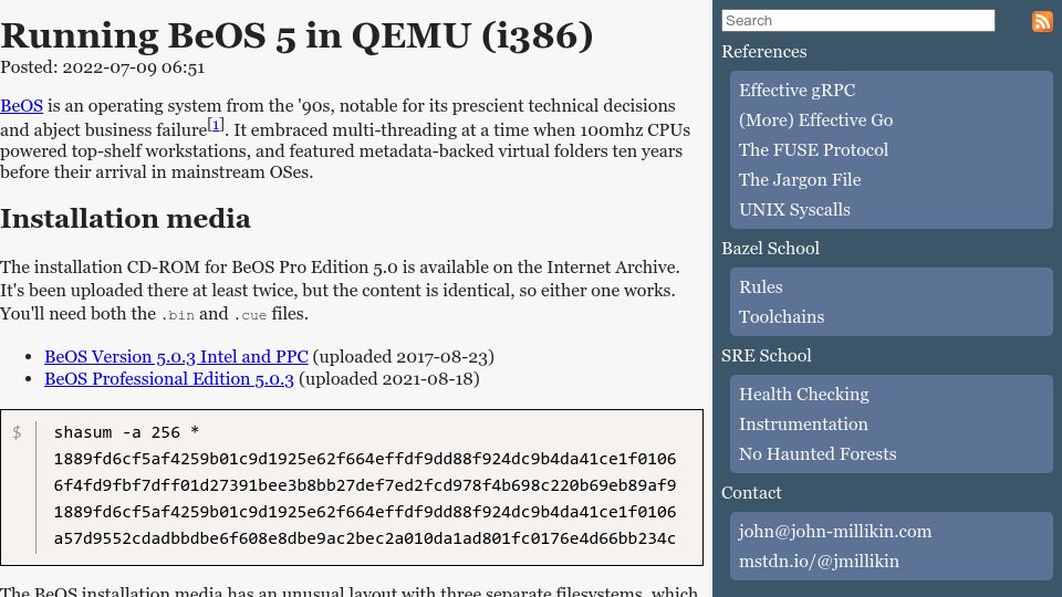 Screenshot of john-millikin.com: Running BeOS 5 in QEMU (i386) (2022)