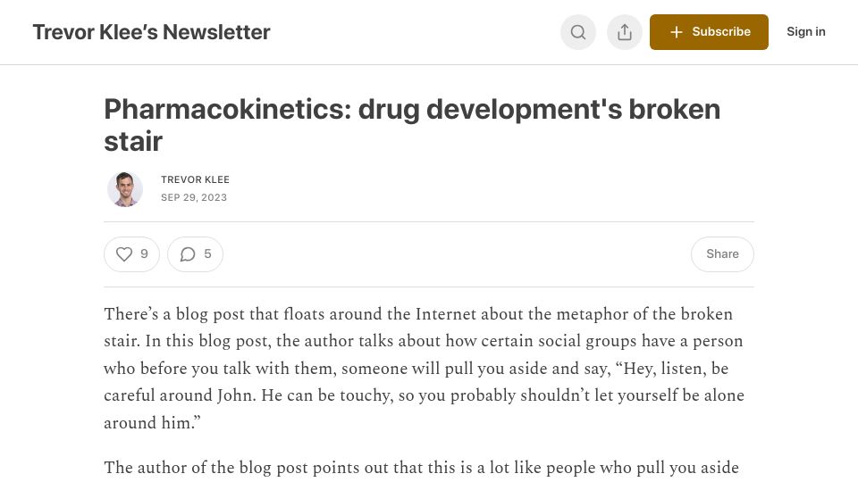 Screenshot of trevorklee.substack.com: Pharmacokinetics: Drug development's broken stair