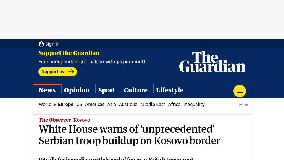 Screenshot of theguardian.com: White House warns of ‘unprecedented’ Serbian troop buildup on Kosovo border