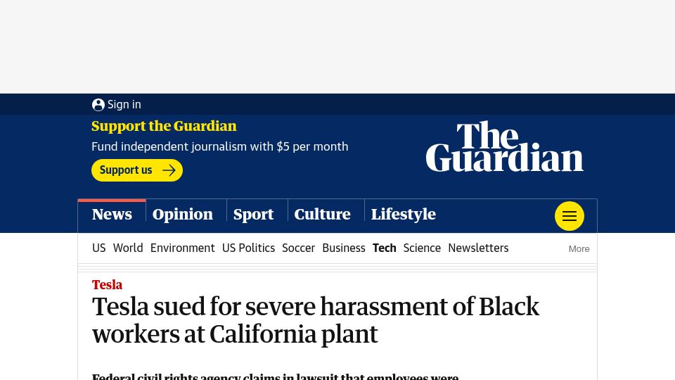 Screenshot of theguardian.com: Tesla sued for severe harassment of Black workers at California plant
