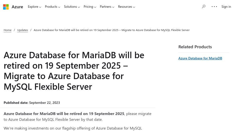 Screenshot of azure.microsoft.com: Azure dropping database support for MariaDB. Users advised to migrate to MySQL