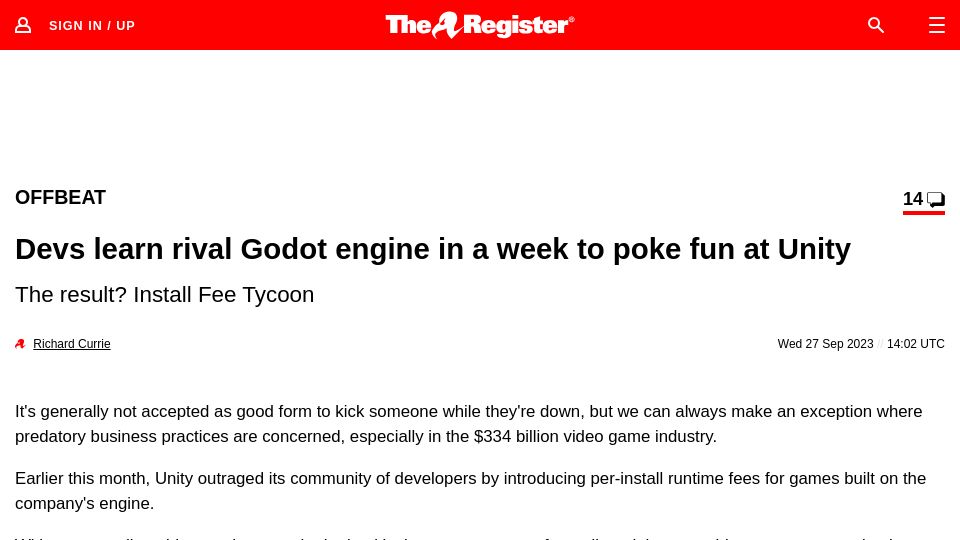 Screenshot of theregister.com: Devs learn rival Godot engine in a week to poke fun at Unity