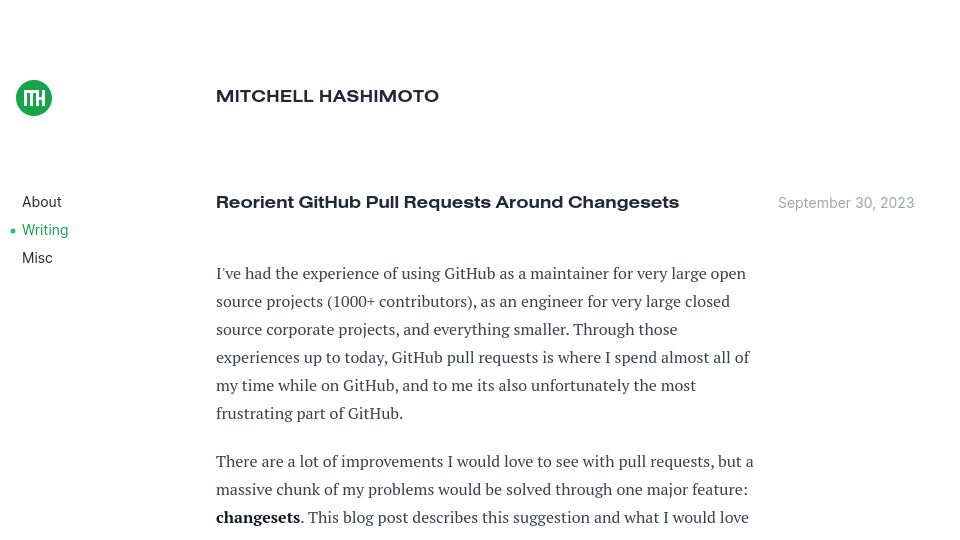 Screenshot of mitchellh.com: Reorient GitHub pull requests around changesets