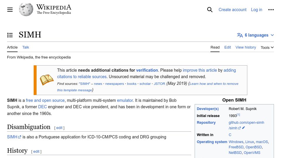 Screenshot of en.wikipedia.org: SIMH – Old Computer Emulator