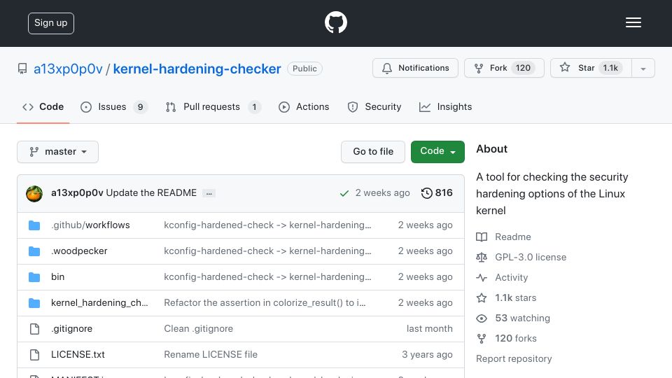 Screenshot of github.com: Linux Kernel Hardening Checker