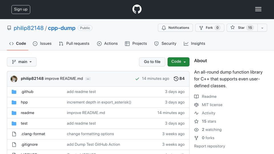 Screenshot of github.com: Show HN: A C++ dump func. that can print multi-D vectors, maps, tuples, and all