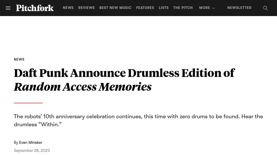 Screenshot of pitchfork.com: Daft Punk announce drumless edition of random access memories
