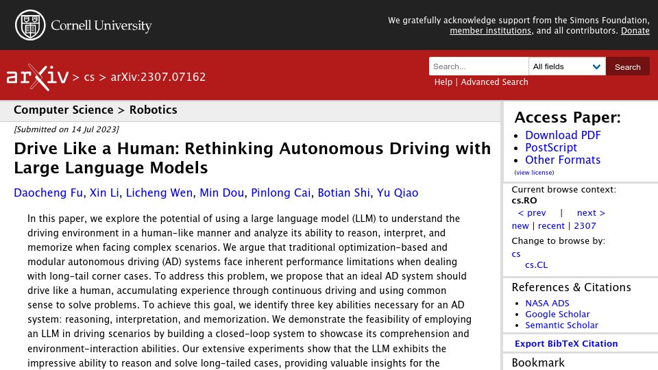 Screenshot of arxiv.org: Rethinking Autonomous Driving with Large Language Models