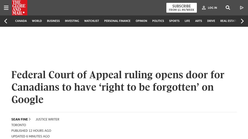 Screenshot of theglobeandmail.com: Canadians have a ‘right to be forgotten’ on Google, Federal Court rules