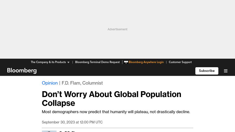Screenshot of bloomberg.com: Most demographers now predict that human population will plateau
