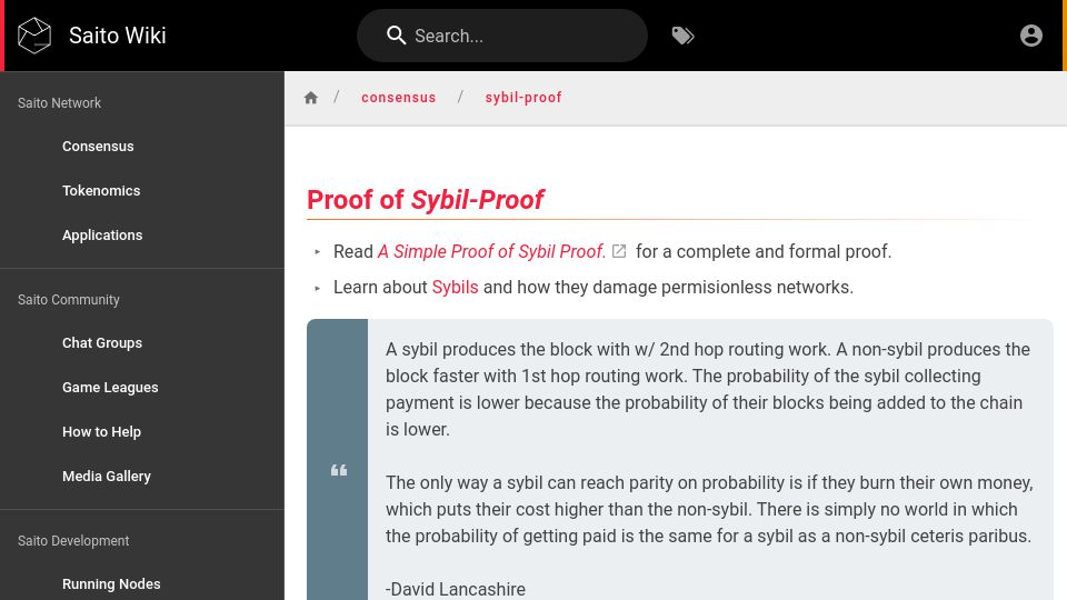 Screenshot of wiki.saito.io: Removing Sybils from an Open Network