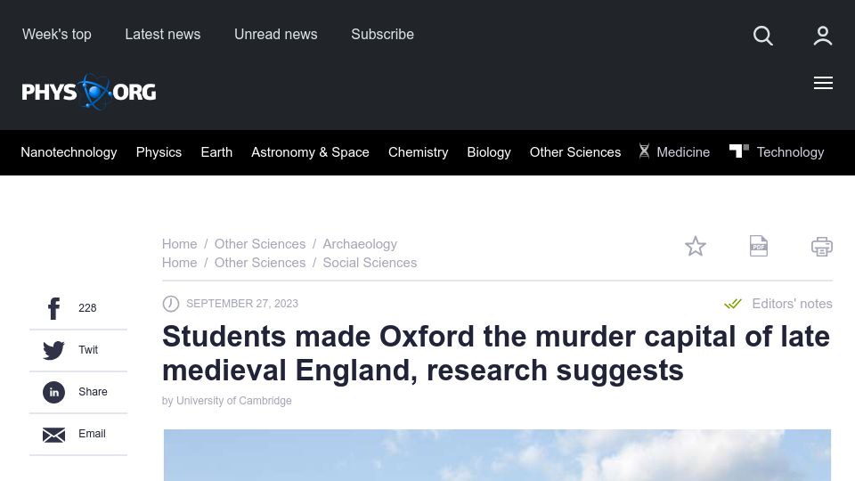 Screenshot of phys.org: Students made Oxford murder capital of late medieval England, research suggests