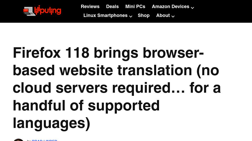 Screenshot of liliputing.com: Firefox 118 brings browser-based website translation (no cloud servers required)