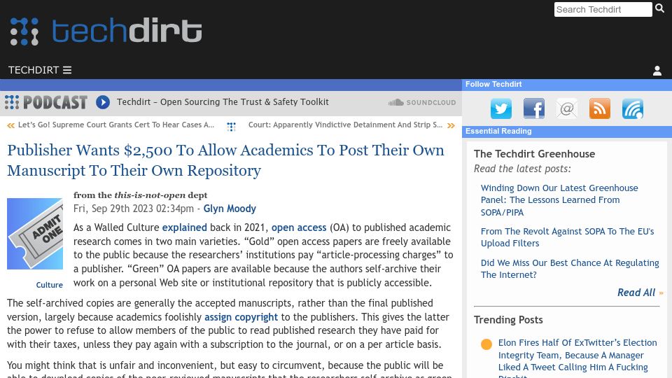 Screenshot of techdirt.com: Publisher: $2.5k for Academics to Post Their Own Manuscript to Their Own Repos