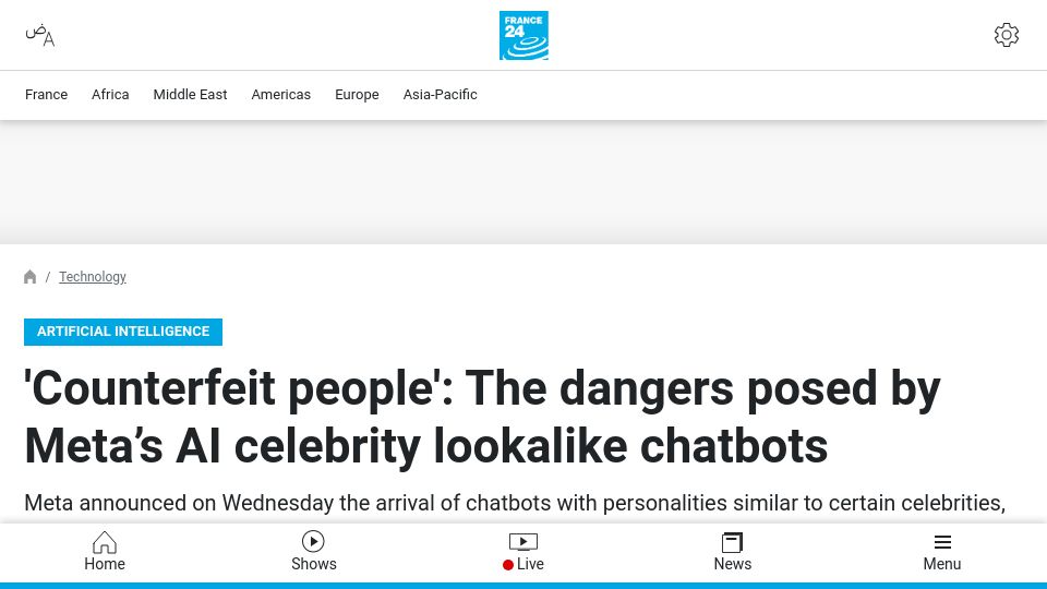 Screenshot of france24.com: 'Counterfeit people': The danger posed by Meta’s AI celebrity lookalike chatbots