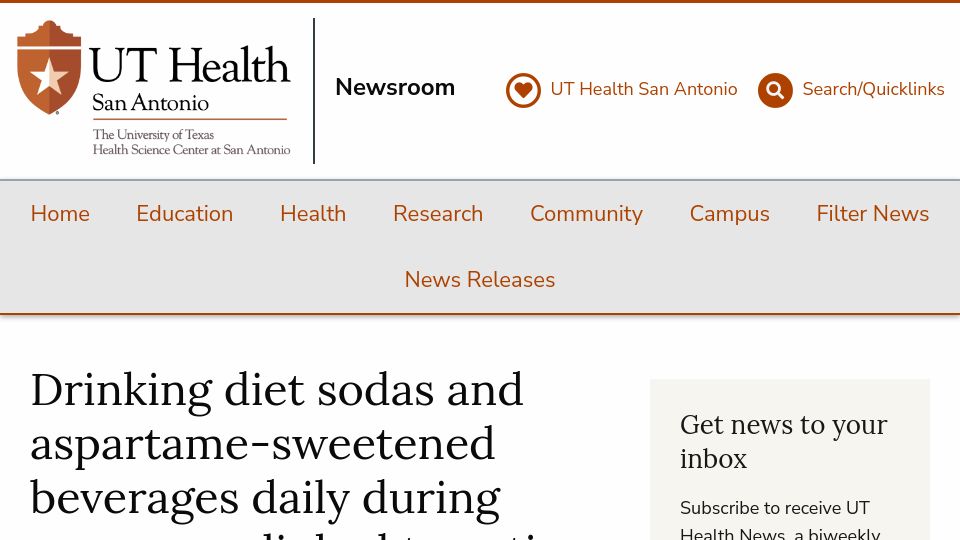 Screenshot of news.uthscsa.edu: Drinking diet sodas daily during pregnancy linked to autism in male offspring