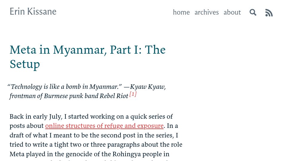 Screenshot of erinkissane.com: Meta in Myanmar
