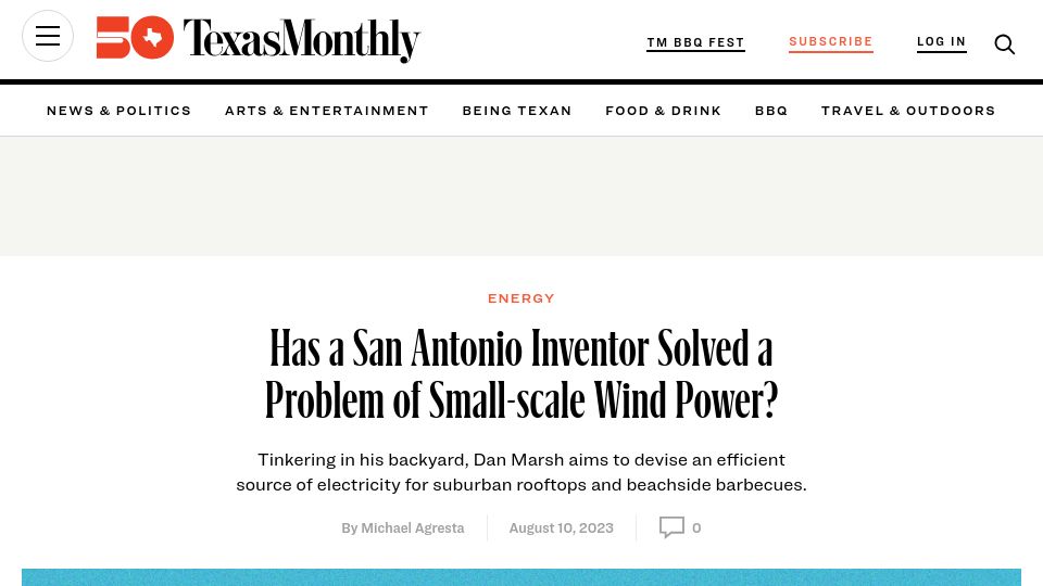 Screenshot of texasmonthly.com: Has a San Antonio inventor solved a problem of small-scale wind power?