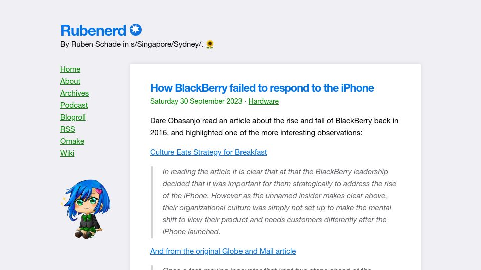 Screenshot of rubenerd.com: How BlackBerry failed to respond to the iPhone