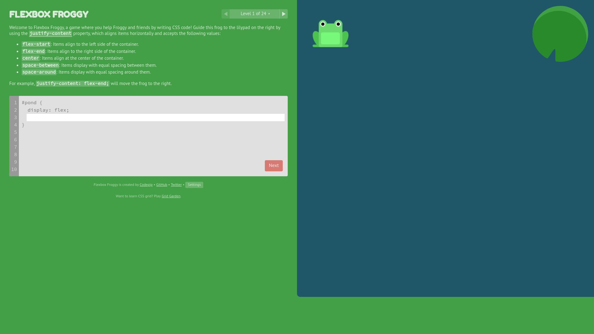 Screenshot of flexboxfroggy.com: Flexbox Froggy
