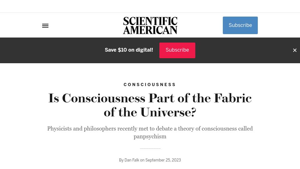 Screenshot of scientificamerican.com: Is consciousness part of the fabric of the universe?