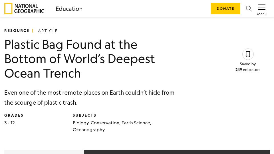 Screenshot of education.nationalgeographic.org: Plastic Bag Found at the Bottom of World’s Deepest Ocean Trench