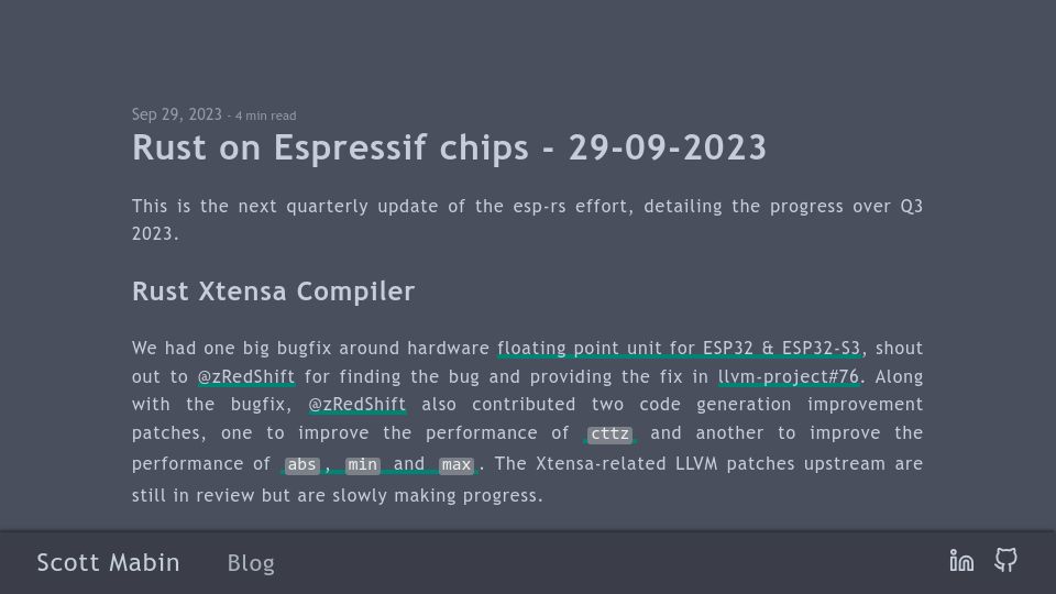 Screenshot of mabez.dev: Rust on Espressif chips