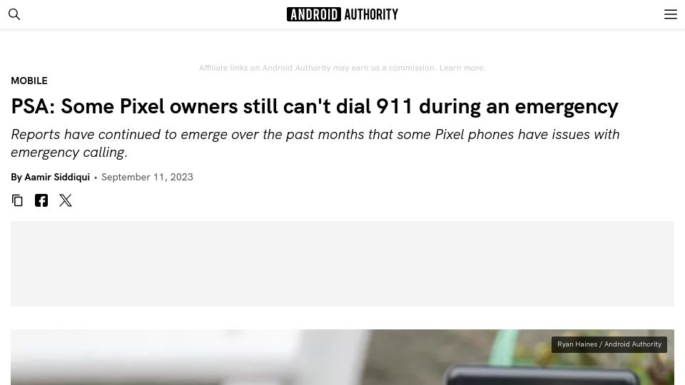 Screenshot of androidauthority.com: Some Pixel owners still can't dial 911 during an emergency