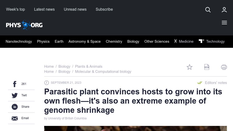 Screenshot of phys.org: Parasitic plant with shrunken genome convinces hosts to grow into its own flesh