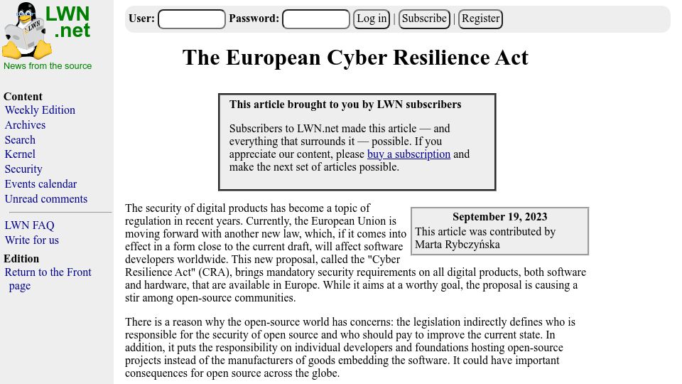Screenshot of lwn.net: European Legislation Could Create Liability for Free-Software Developers