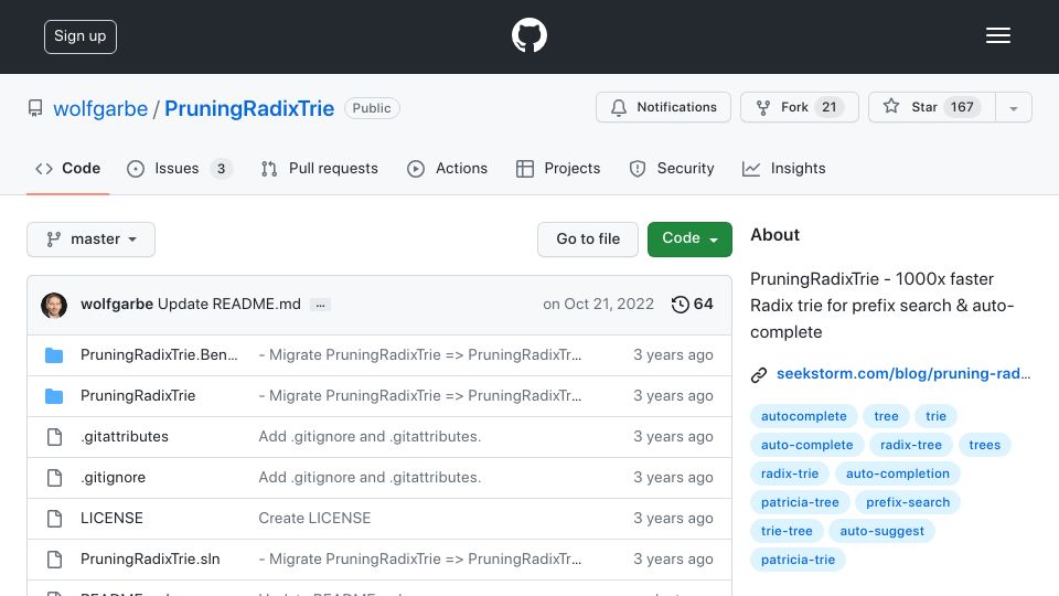 Screenshot of github.com: PruningRadixTrie – Faster Radix trie for prefix search and auto-complete