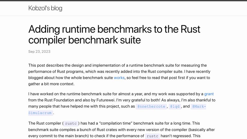 Screenshot of kobzol.github.io: Adding runtime benchmarks to the Rust compiler benchmark suite