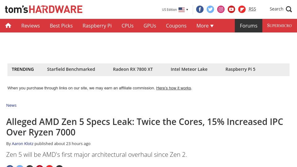 Screenshot of tomshardware.com: Alleged AMD Zen 5 Specs Leak: Twice the Cores, 15% Increased IPC over Ryzen 7000