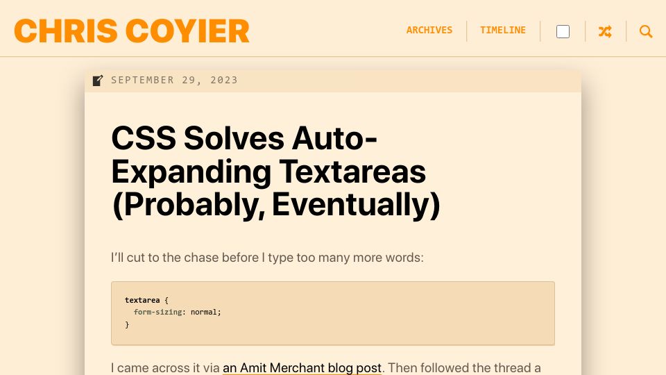 Screenshot of chriscoyier.net: CSS solves auto-expanding textareas (probably, eventually)