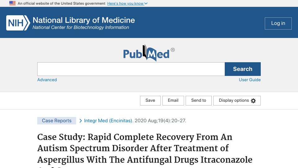 Screenshot of pubmed.ncbi.nlm.nih.gov: Rapid Recovery from an Autism Spectrum Disorder After Treatment of Aspergillus