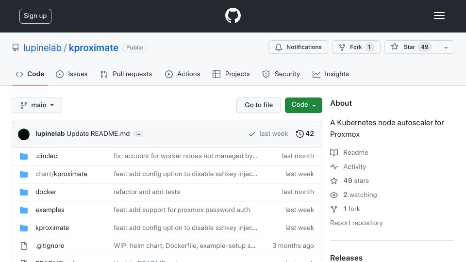 Screenshot of github.com: Show HN: kproximate – A Kubernetes node autoscaler for Proxmox