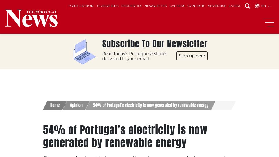 Screenshot of theportugalnews.com: 54% of Portugal’s electricity is now generated by renewable energy